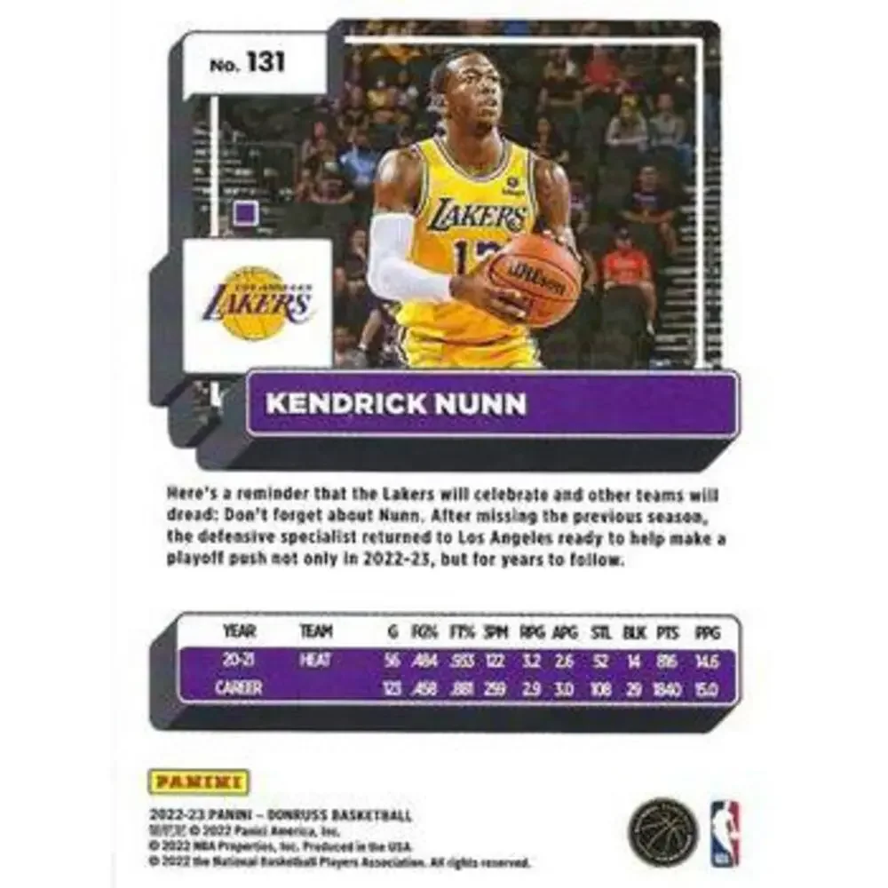 2022-23 Panini Donruss Kendrick Nunn #131 Los Angeles Lakers